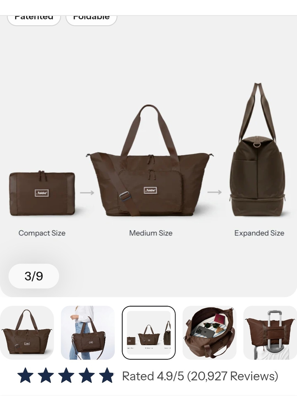 Foldable Expandable Brown Duffel Bag with Shoulder Strap